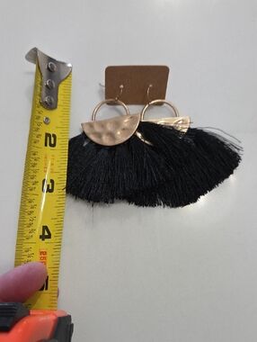 Black Tassel Fan Drop Earrings with Gold Accent